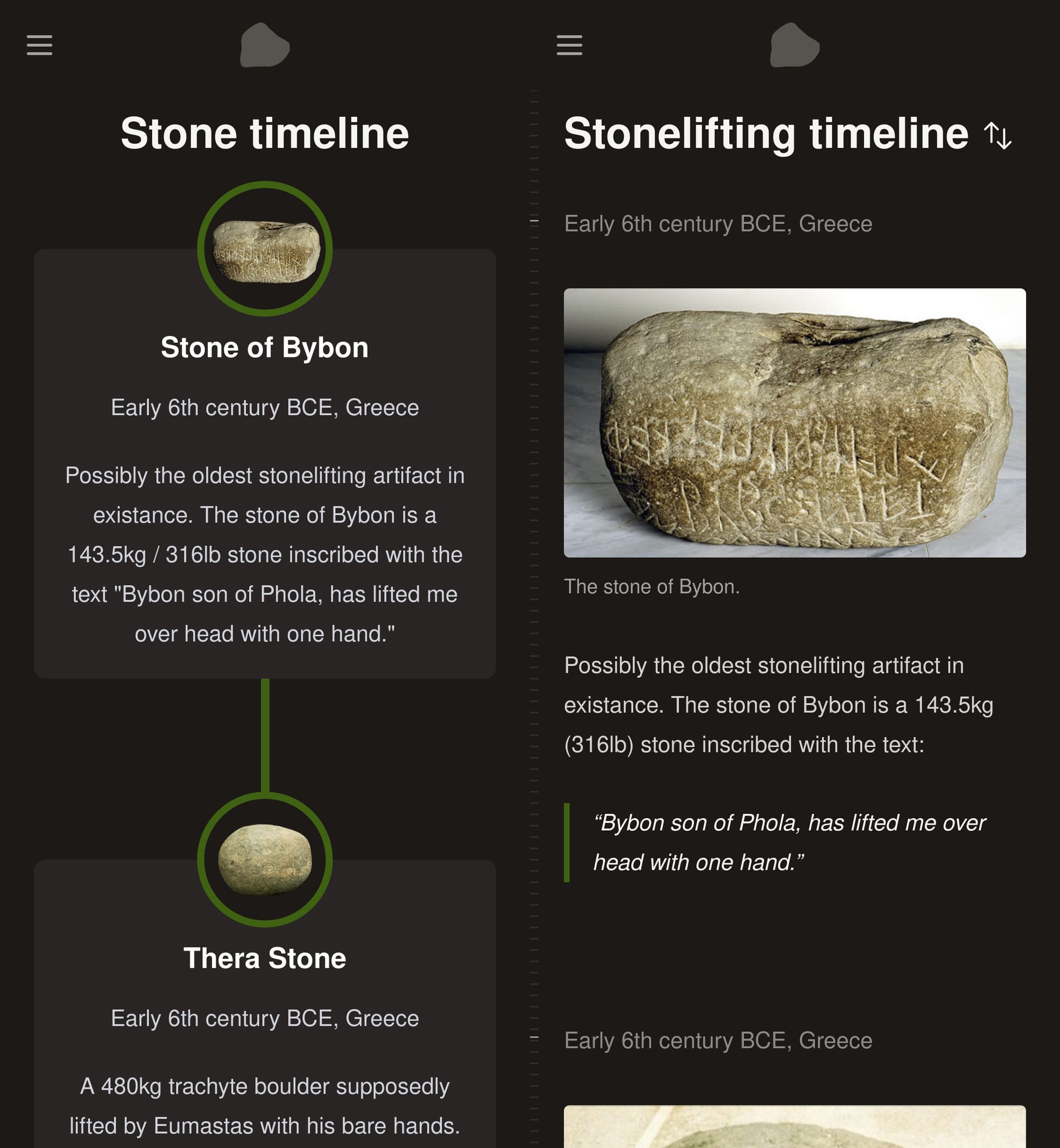On the 'before' side, there's a stonelifting timeline featuring large grey cards filled with stone information. At the top of the card, there's a small green circle with a small image of a stone. At the bottom of the card, there's a green line connecting it to the next element. On the 'after' side, the redesigned timeline shows larger images of the stones with text formatted in a more hierarchical fashion. The flow of time is represented by markers inspired by minute and hour markers on a watch.  