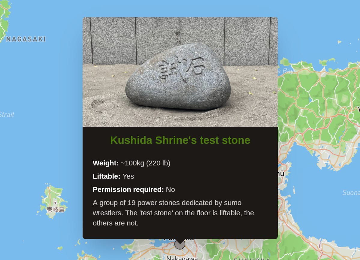 A liftingstones.org map pop-up shows Kushida Shrine's test stone with its information. "Weight:", "Liftable:", and "Permission required:" are now in bold.