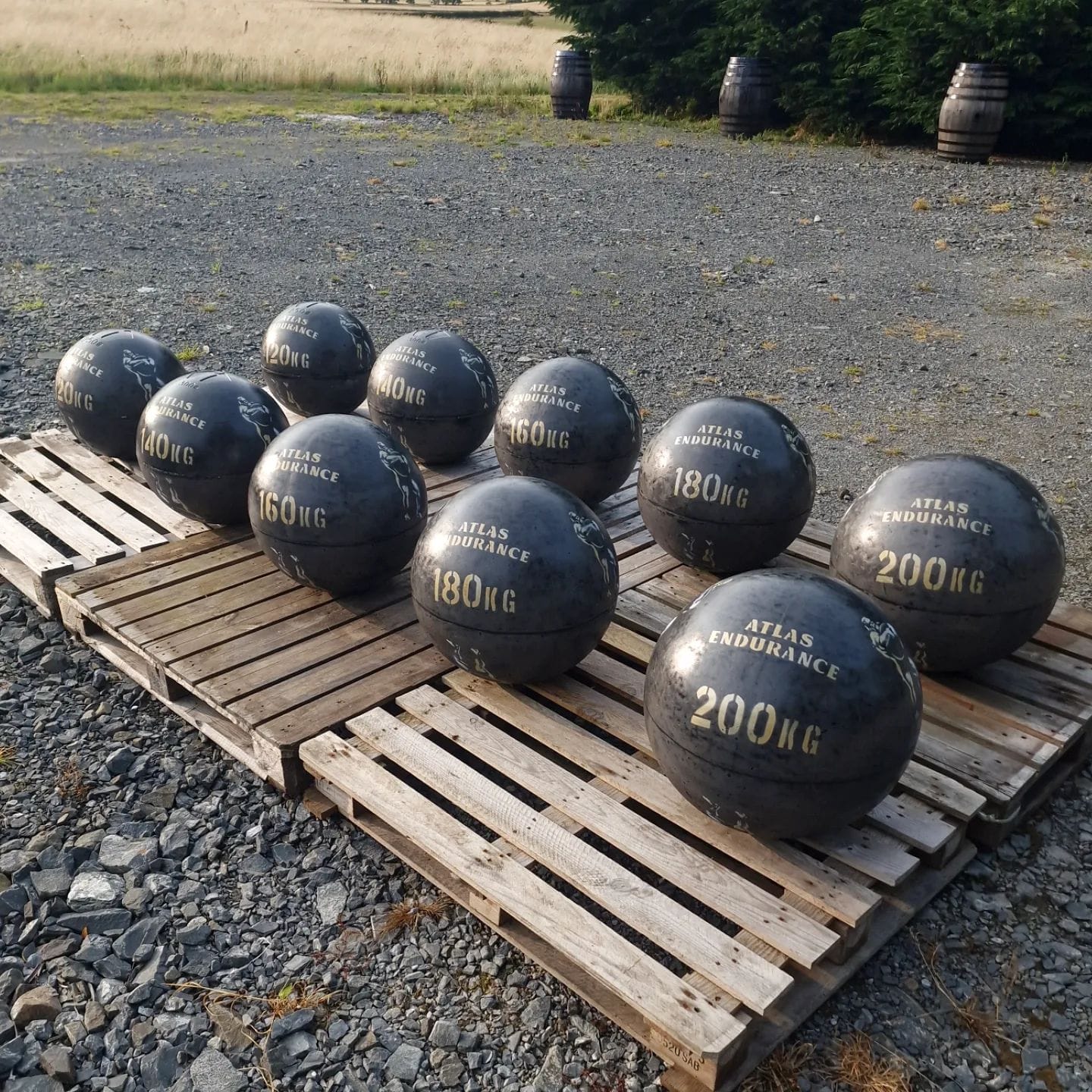 A set of 10 black Atlas Stones on shipping palets. 