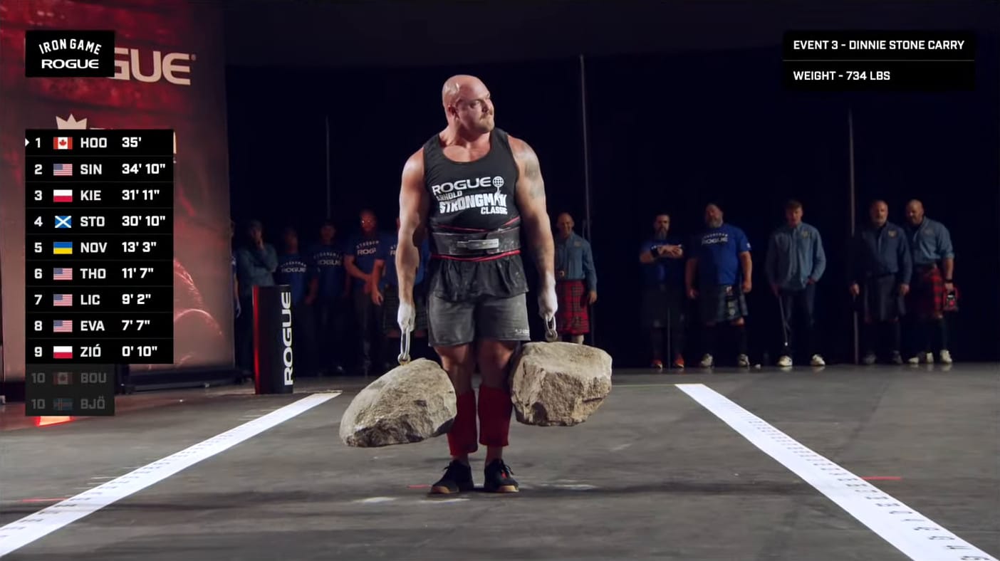A cropped screenshot from the Arnold Strongman Classic livestream. Mitch Hooper pauses with the Replica Dinnie Stones and looks at the audience.