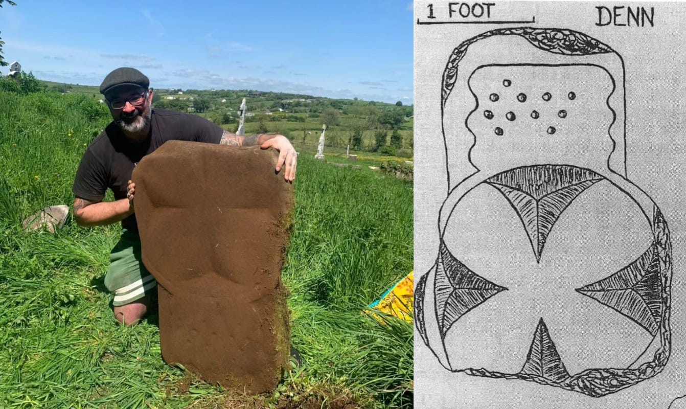 A stitch of two images. The left image shows David Keohan with a huge slab that has been shaped. The right image shows an old drawing of the slab.