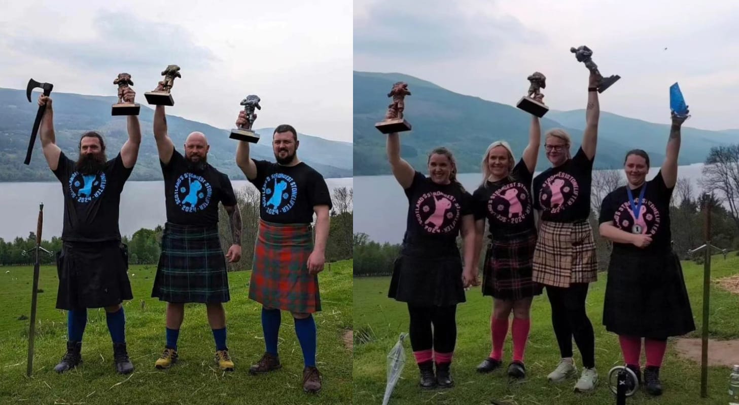 A stitch of two photos of the winners of Scotland's Strongest Stonelifter (men left, women right).