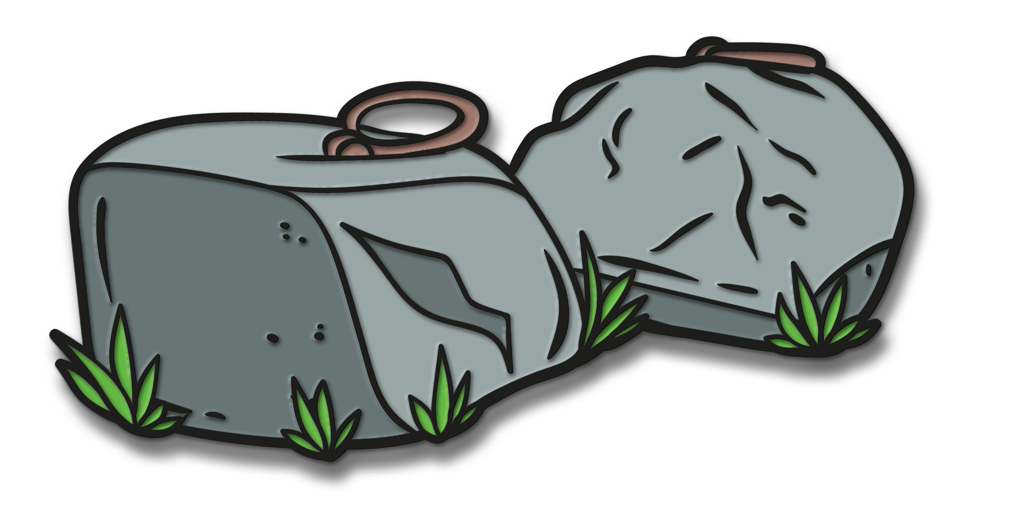 A mock-up of an enamel pin depicting the Dinnie Stones.