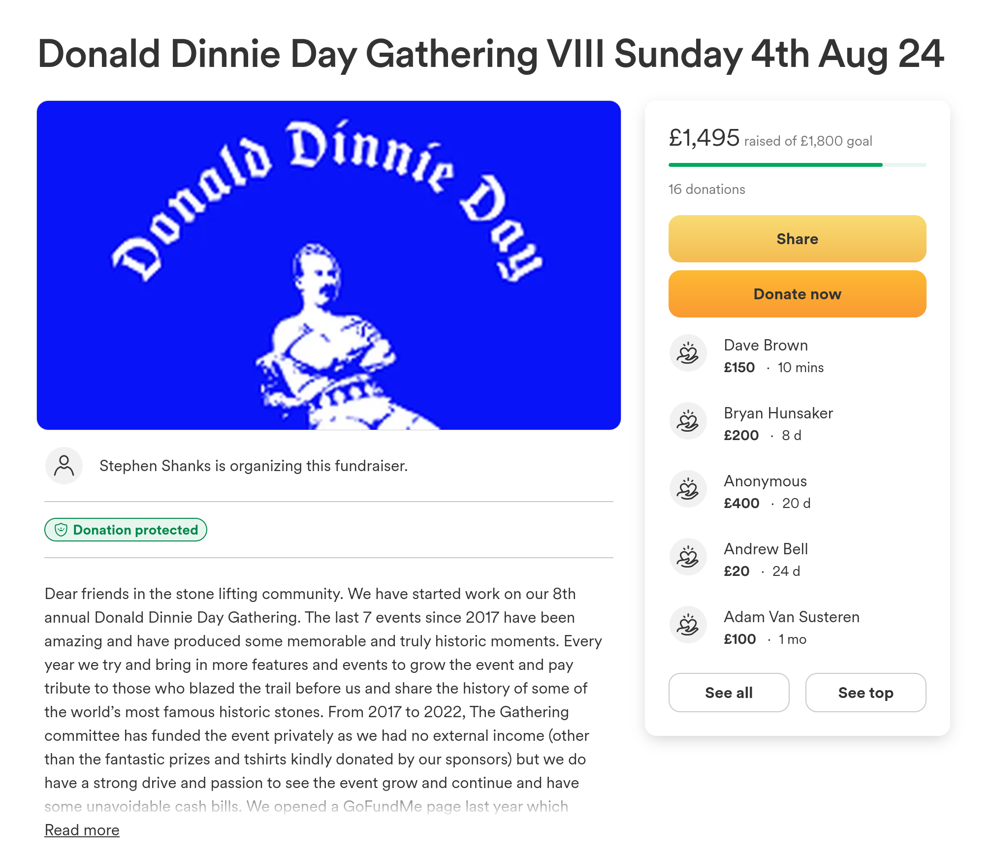 A screenshot of the GoFundMe page for Donald Dinnie Day 2024. In the recent donations, £150 can be seen.