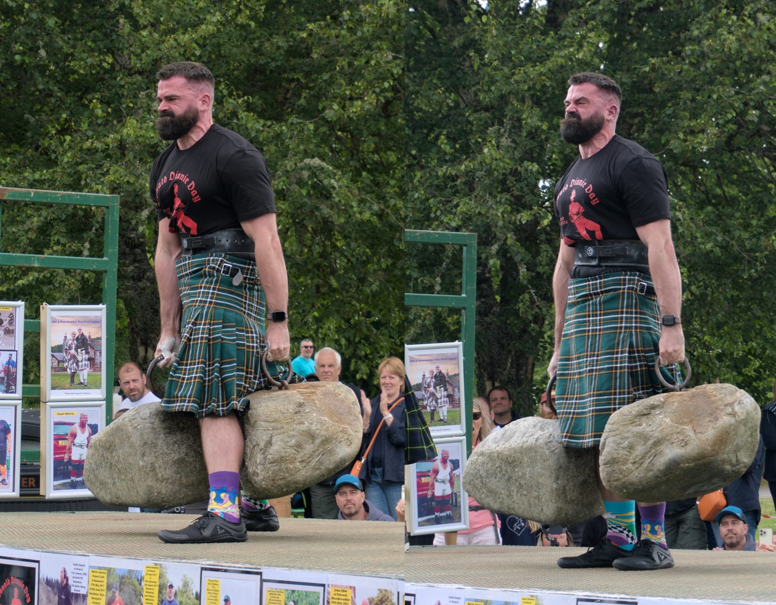 A composite of two images. On the left, a man lifts the Dinnie Stones straddle style. On the right, he lifts them side-by-side.