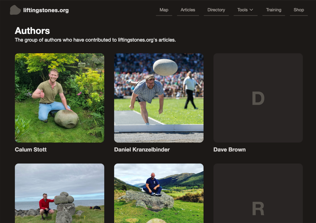 The new liftingstones.org author page shows a list of people who've published on the site.