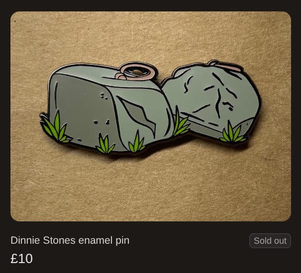 A screenshot from the liftingstones.org shop showing the Dinnie Stones enamel pins as sold out.