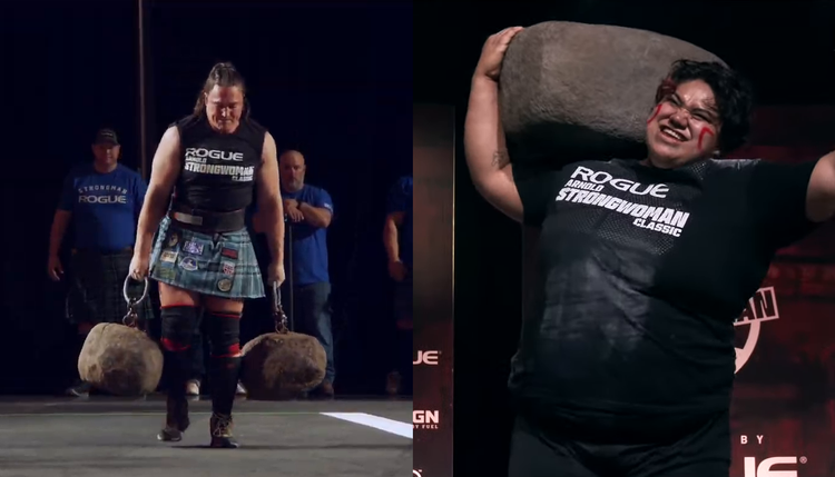 The left image shows Hannah Linzay carrying the Jeck Stones. The right shows Angelica Jardine shouldering the Jeck Stone.
