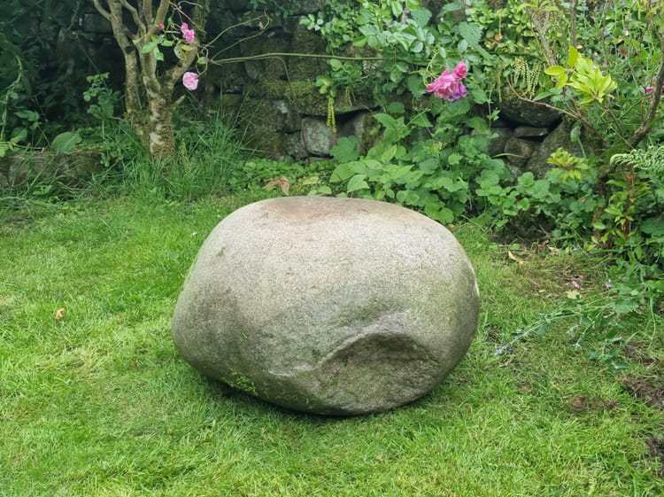 A large egg-shaped stone with a large distinctive indent on one face.